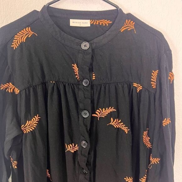 Megan Park Black w/ Orange Embroidered Leaf Print Button Down Merino Wool Long S - Picture 2 of 11